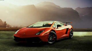 Red sports car field mountains - foggy sky above free wallpaper
