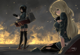 Girl black outfit knife fire - explosion free wallpaper