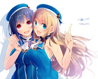 Two anime girls hug blowing - art station free wallpaper