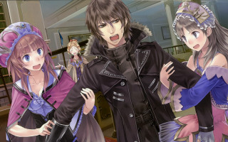 Anime characters hallway clock group - the wall behind them free wallpaper