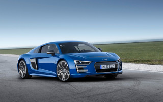 Blue car driving road grass - 4k resolution free wallpaper