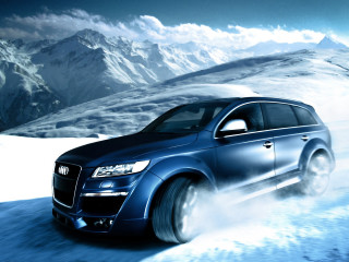 Blue car mountains snowy planet - digital free wallpaper