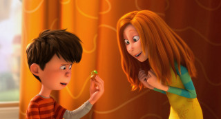 Cartoon boy girl brushing teeth - each others eye free wallpaper