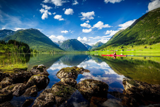 Red canoe lake mountains grass - mountain and grass free wallpaper