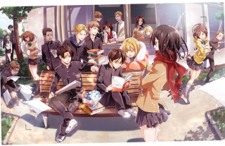 People bench building books group - a bench in front free wallpaper