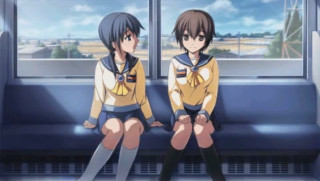 Anime girls train seat crossed - their leg free wallpaper