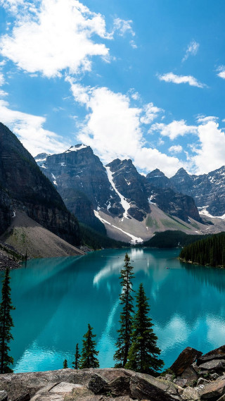 Lake mountains trees blue sky 37 - under free wallpaper