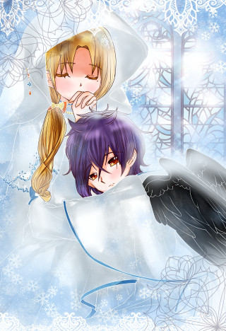Anime characters hugging snowy scene - storybook illustration free wallpaper