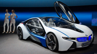 Woman standing white blue car - its door free wallpaper