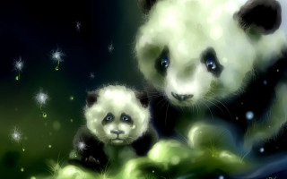 Panda bears grass stars sky - an oil painting free wallpaper