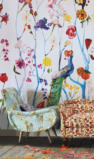 Colorful wall peacock flowers footstool - a peacock free wallpaper