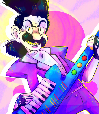 Cartoon character holding giant blue - synthwave free wallpaper