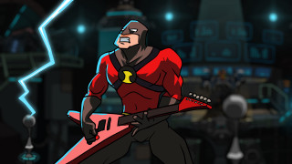 Cartoon character guitar dark room - neon free wallpaper