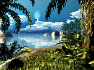 Tropical scene water palm trees - over the water free wallpaper