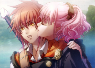 Anime kiss pink hair horns - two anime character free wallpaper