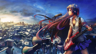 Girl headphones guitar cityscape microphone - city background free wallpaper