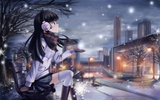 Girl bench snow headphones city 2 - a bench in the snow free wallpaper