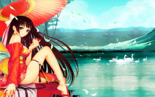 Woman red dress umbrella lake - a red dress holding free wallpaper