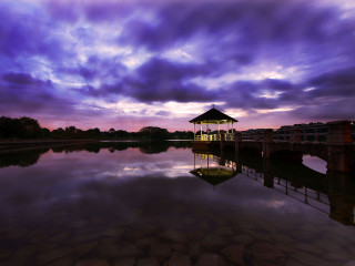 Gazebo lake sunset purple sky - a bridge in the distance free wallpaper