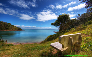 Bench hill water tree sky 2 - beautiful scenery free wallpaper for desktop
