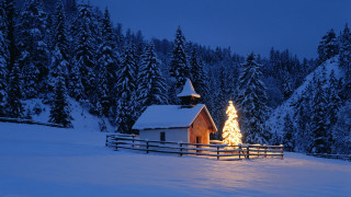 Snowy barn christmas tree night - evgeny lushpin free wallpaper
