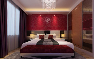 Bedroom red wall white bed - art deco free wallpaper