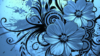 Blue flower black swirls white - modern free wallpaper