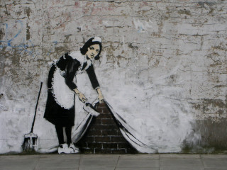 Woman sweeping floor broom painting - punk art free wallpaper