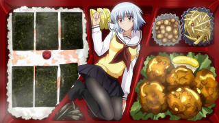 Woman sitting red tray food - a window behind her free wallpaper