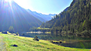 Grassy field lake mountains sunshine - the hillside free wallpaper