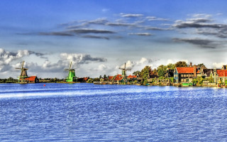 River houses windmills cloudy sky 3 - caspar van wittel free wallpaper