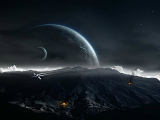 Space station mountain range night 2 - a distant planet in the background free wallpaper