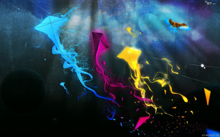 Kites flying sky planet clouds - mystical free wallpaper