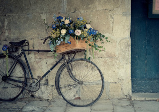Bicycle basket flowers parked wall - a basket of flowers free wallpaper