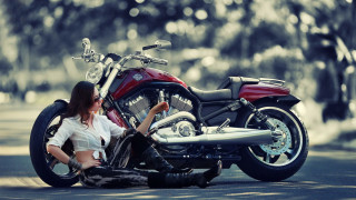Woman sitting motorcycle street trees 2 - the background and a woman free wallpaper