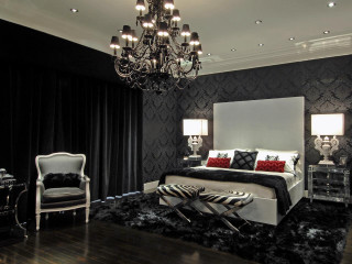 Black white bedroom chandelier bed 2 - rich deep color free wallpaper