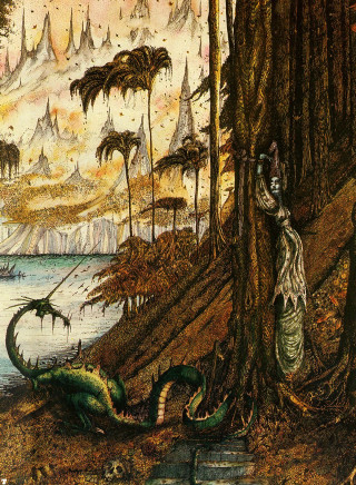 Woman tree dragon creature painting - a painting of a woman free wallpaper