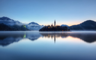 Small island church sunset fog 2 - beautiful landscape free wallpaper