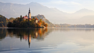 Church island lake mountains foggy - a small island in the middle of a lake free wallpaper