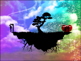 Tree cliff heart balloon man - matte fantasy painting free wallpaper