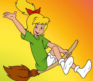 Cartoon girl riding broom red - a broom free wallpaper