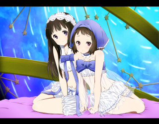 Anime girls bed stars ceiling - a blue sky behind them free wallpaper