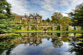 Large building lake park forest - symmetrical free wallpaper