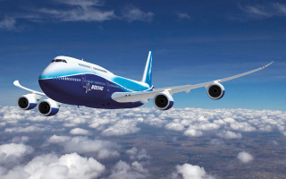 Large blue white airplane flying - international typographic style free wallpaper
