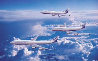 Three airplanes flying sky above - matte painting concept art free wallpaper
