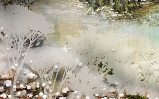 Forest white flowers trees blue - a painting of a forest free wallpaper