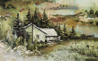 House woods lake bird flying - a painting of a house free wallpaper