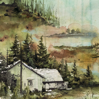House woods mountain lake painting - free landscape wallpaper