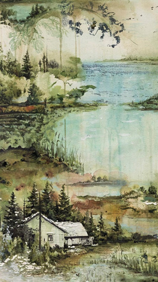 Lake house boat bird flying - watercolor free wallpaper