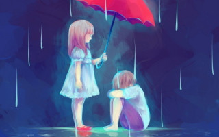 Two little girls rain umbrella - an umbrella over free wallpaper